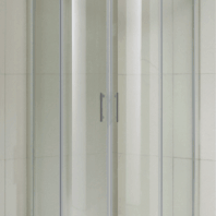 Shower enclosure with sliding door, back panel and tray